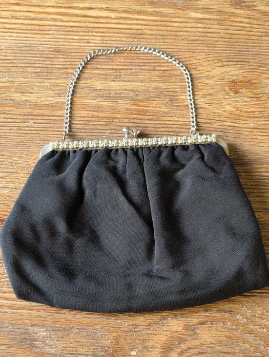 Vintage Handbags - Vintage 50s Black Evening Clutch Purse with Rhinestone Frame